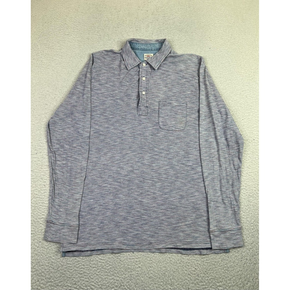 Faherty Brand‎ Polo Shirt Mens Medium Blue Stripe Long Sleeve Cotton Knit Pocket